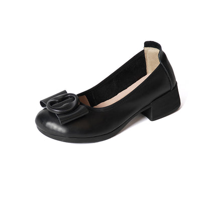 Low-cut Authentic Leather Women's Mid Heel Slip-on Round Head Pumps