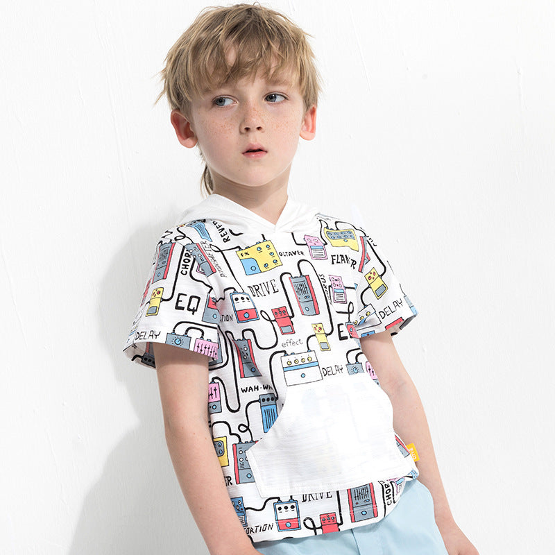 The Hooded Graphic: Cartoon Print Hooded Short-Sleeve T-Shirt