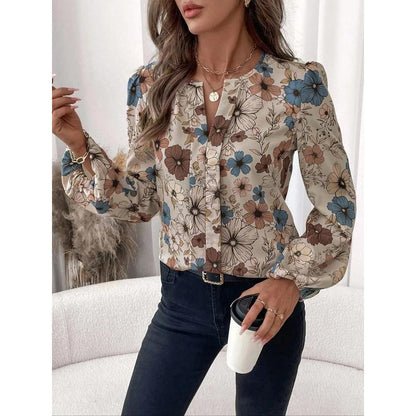 Women's Floral Print Notched Collar Shirt Elegant