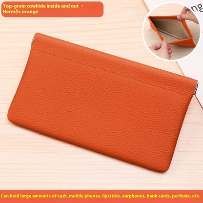 Self-closing First Layer Cowhide Long Wallet