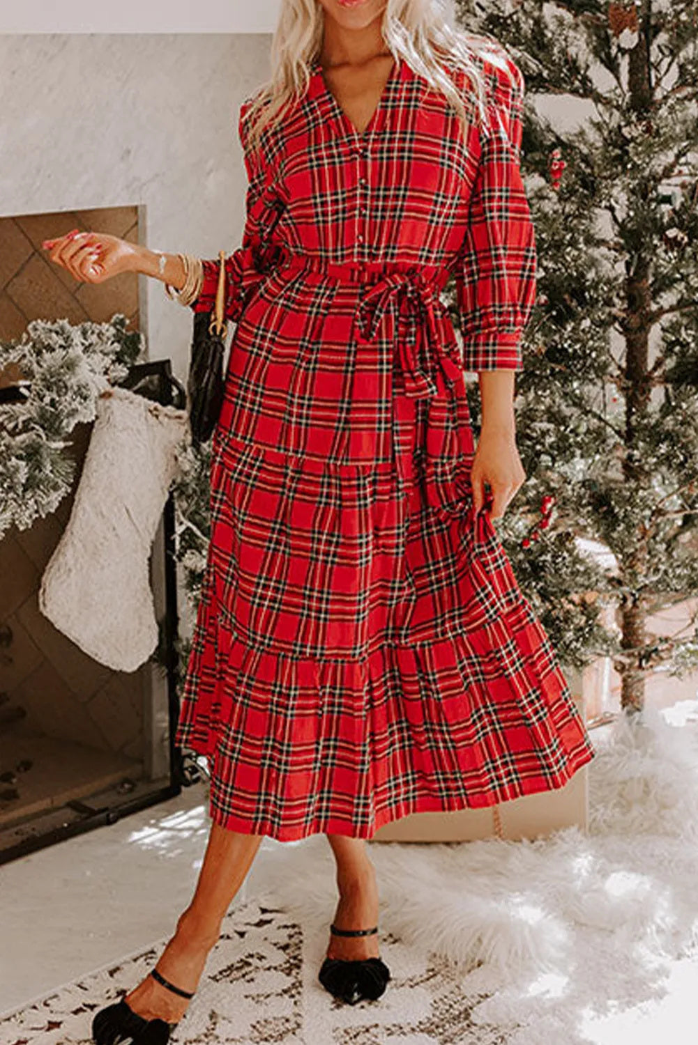 Red Christmas Plaid V-neck Dress