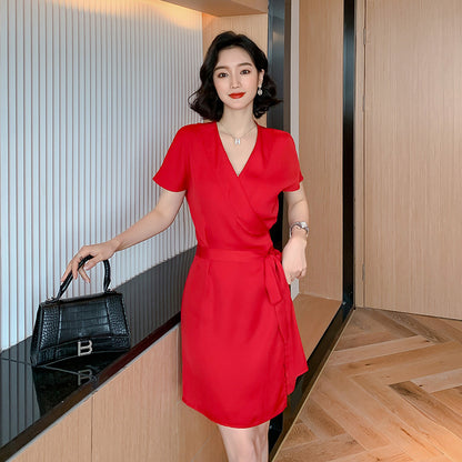 Ladies Fashion Belt Short Sleeve Dress