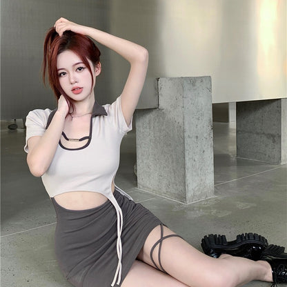 Ladies Short Sleeve Irregular Tie Cutout Dress