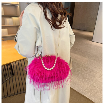 High-grade Versatile Niche Pearl Chain Furry Crossbody Shoulder