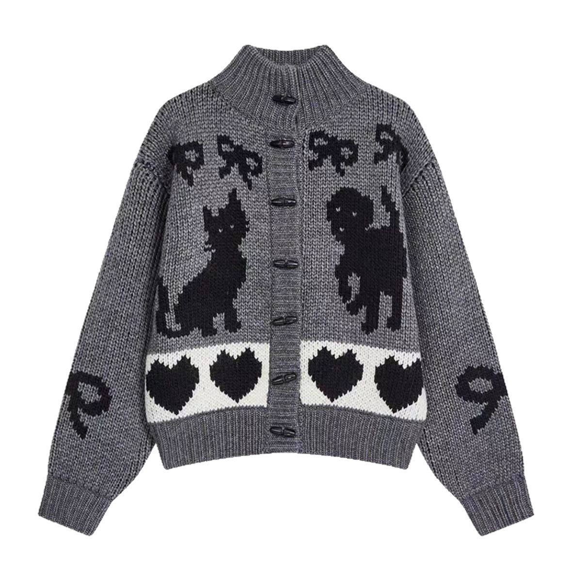 Pattern Stand Collar Knitted Coat For Women