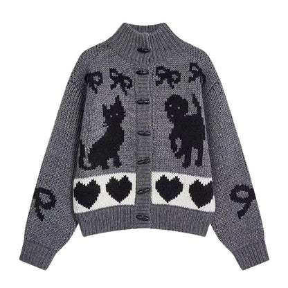 Pattern Stand Collar Knitted Coat For Women