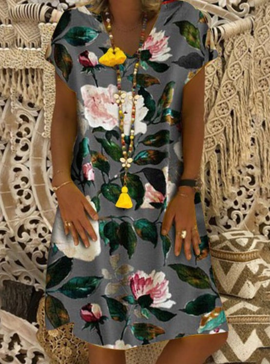 Ladies fashion printed V-neck short sleeve dress