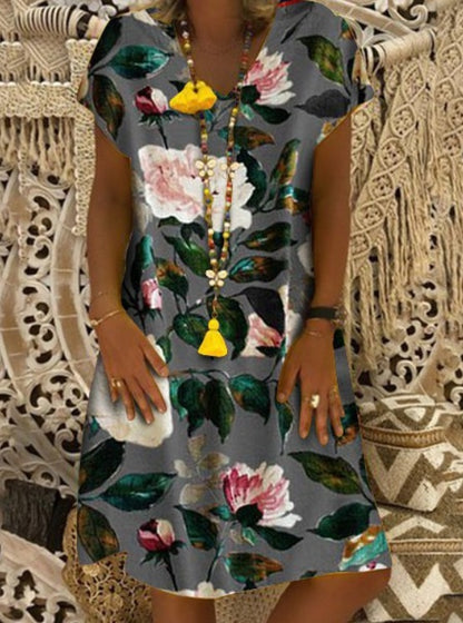 Ladies fashion printed V-neck short sleeve dress