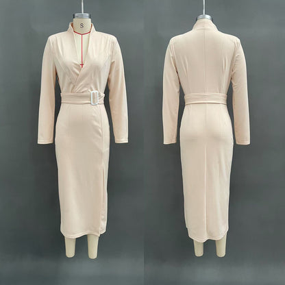Autumn Elegant V-neck Slim Fit Medium Long Sheath Slit Fashionable Dress For Women