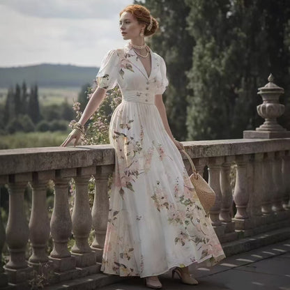 Women's Palace Style Printed Dress High Waist