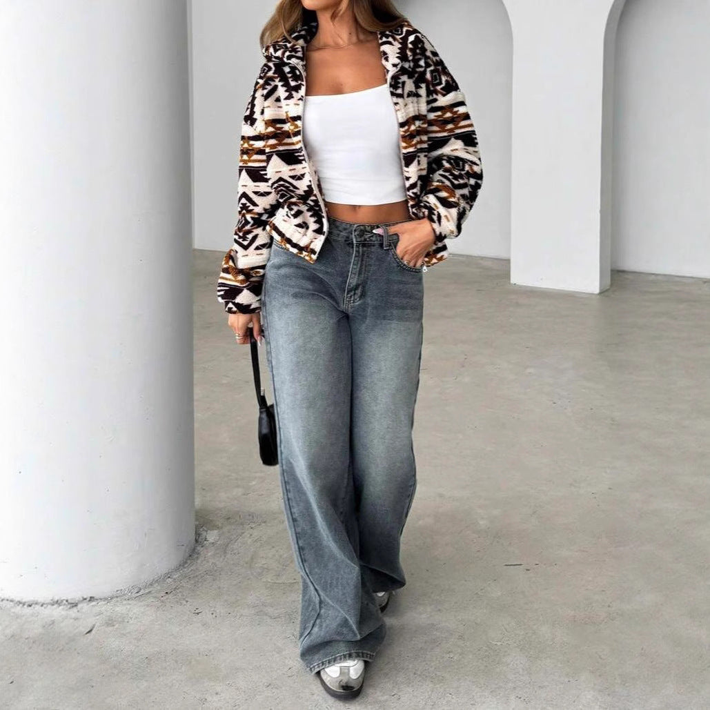 Loose Printed Hooded Plush Coat For Women