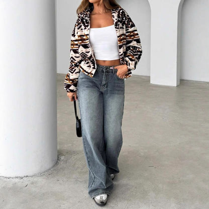 Loose Printed Hooded Plush Coat For Women