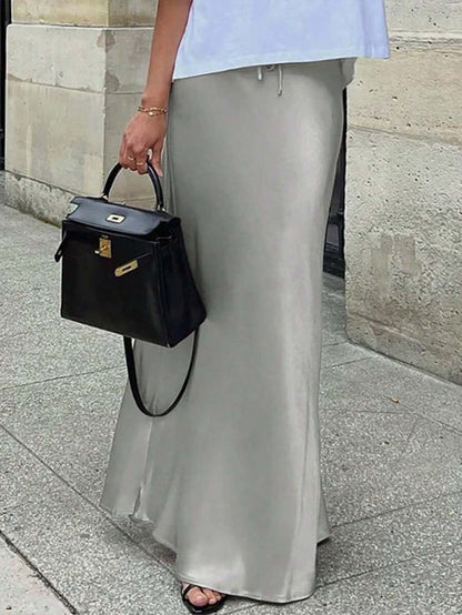 Satin Midi Skirt Elegant Lace-up Long Dress