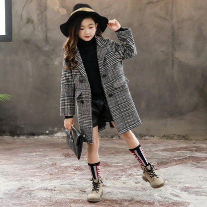 The Houndstooth Chic: Gray Plaid Houndstooth Girls’ Coat