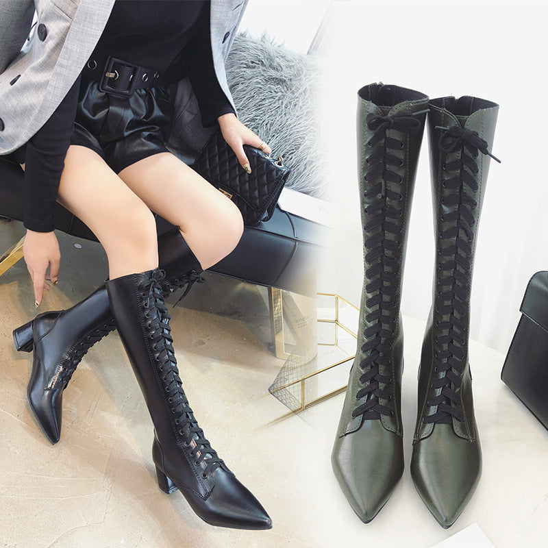 Cross lace pointed toe boots