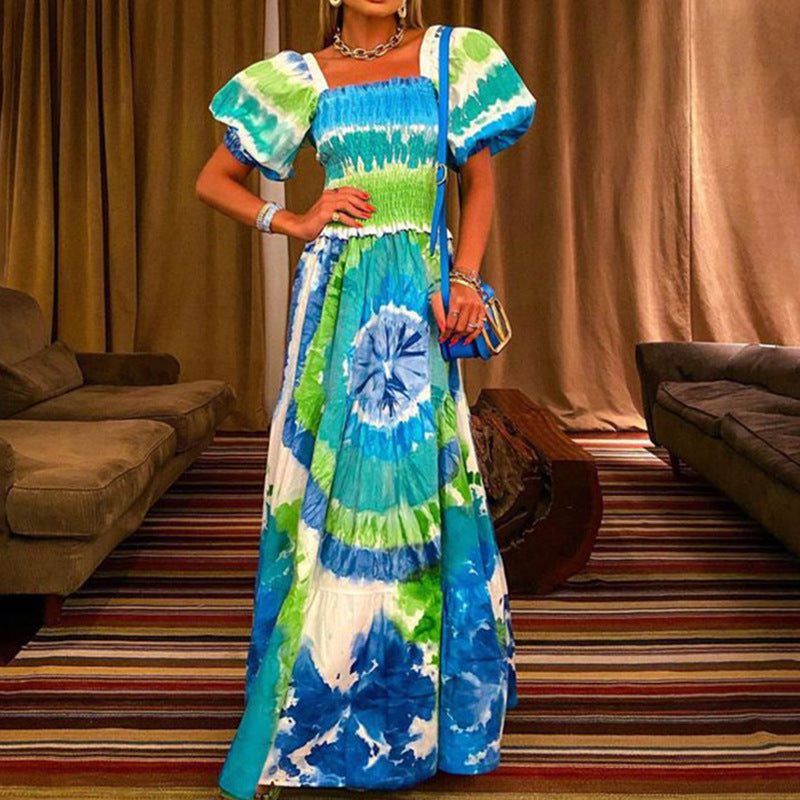 Women's Bubble Sleeve Printed Sexy Long Dress