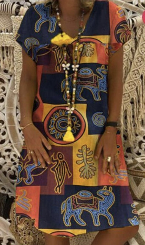Ladies fashion printed V-neck short sleeve dress