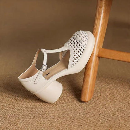 New Summer Soft Leather Roman Platform Mary Jane Shoes Hollow High Heel Pumps
