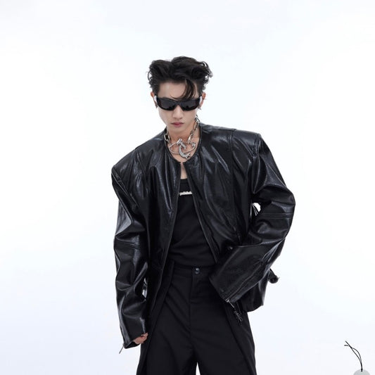Texture Sense Padded Shoulder Leather Coat Men Sculpted Silhouette