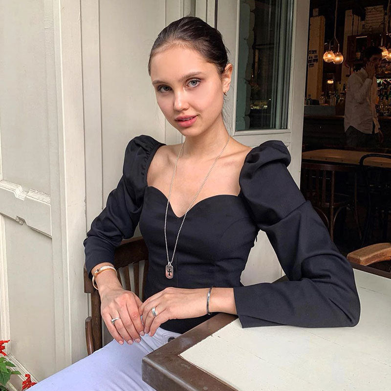 Puff Sleeve Square Collar Long Sleeve T-Shirt