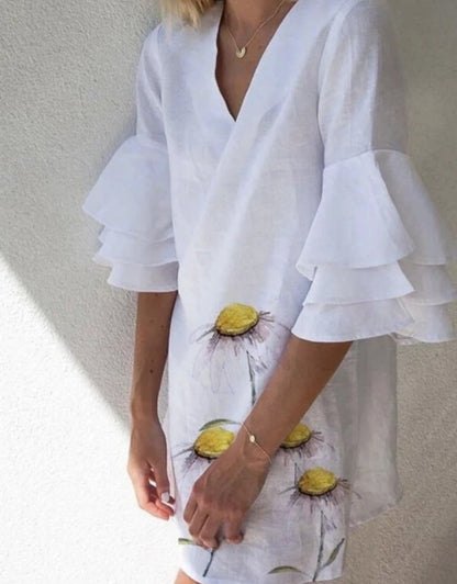 White Lotus Leaf Sleeve Printed Casual Dress