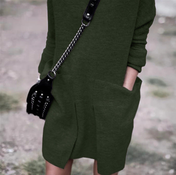 European And American New Autumn And Winter Fashion Round Neck Pocket Long Sleeve