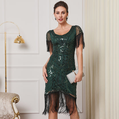 Retro Short Sleeve Tassel Sequins Party Sexy Beaded Mesh Dress