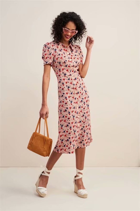 Ladies Fresh Print Lapel Short Sleeve Tea Break Dress Dress