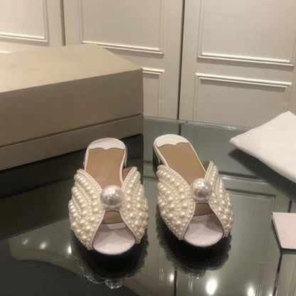 Handmade High-End Custom Pearl Fashion Sandals Fish Mouth Sandals Flat Slippers