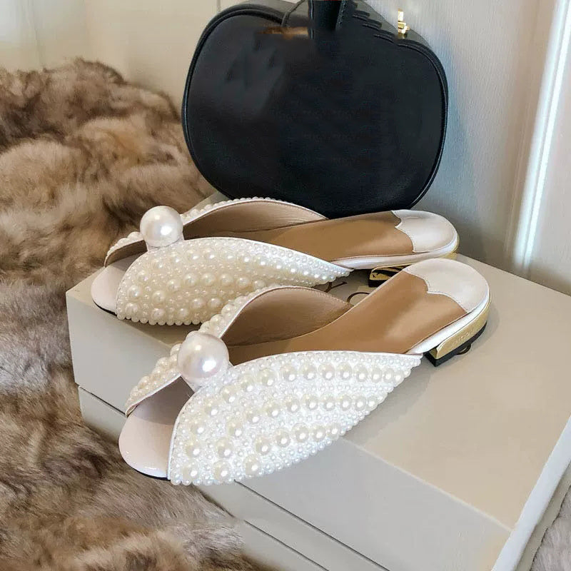 Handmade High-End Custom Pearl Fashion Sandals Fish Mouth Sandals Flat Slippers