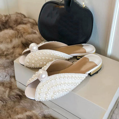 Handmade High-End Custom Pearl Fashion Sandals Fish Mouth Sandals Flat Slippers