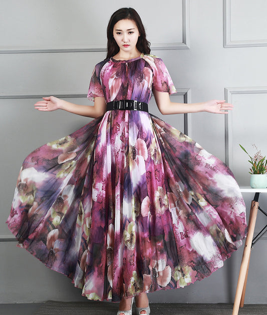 Ladies Fashion Chiffon Short Sleeve Printed Dress