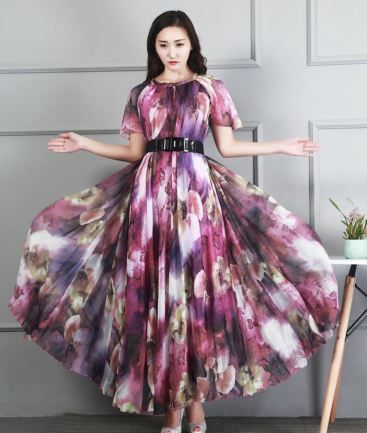 Ladies Fashion Chiffon Short Sleeve Printed Dress