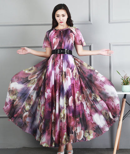 Ladies Fashion Chiffon Short Sleeve Printed Dress