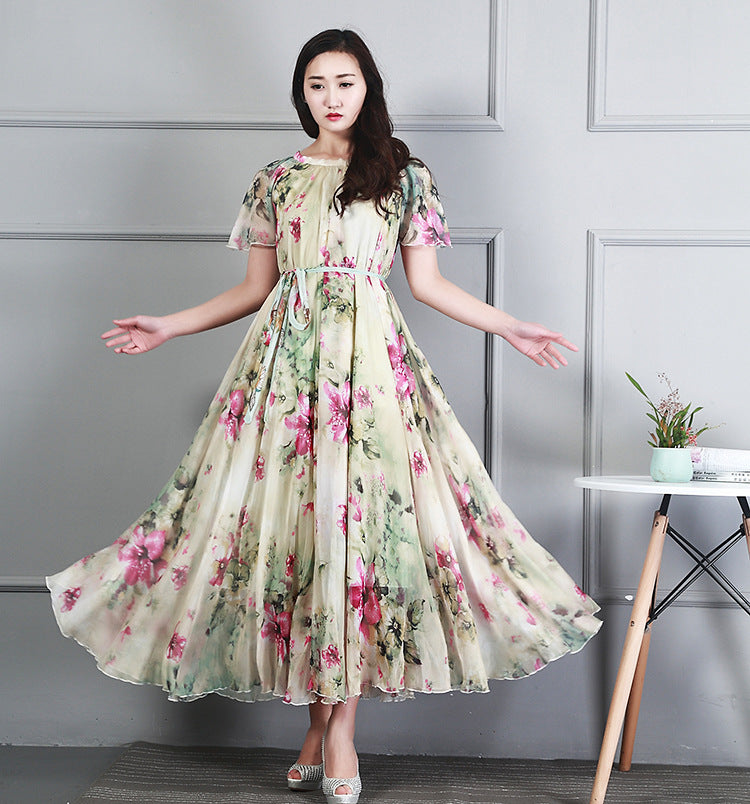 Ladies Fashion Chiffon Short Sleeve Printed Dress