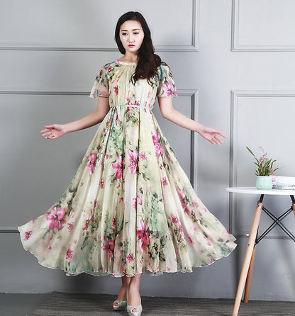 Ladies Fashion Chiffon Short Sleeve Printed Dress