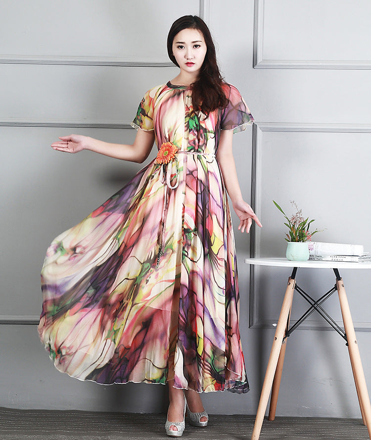 Ladies Fashion Chiffon Short Sleeve Printed Dress