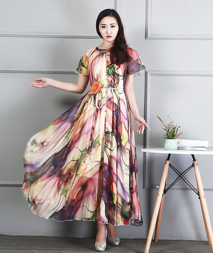 Ladies Fashion Chiffon Short Sleeve Printed Dress