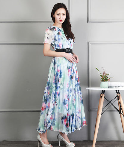 Ladies Fashion Chiffon Short Sleeve Printed Dress