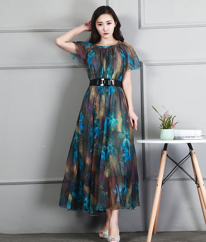 Ladies Fashion Chiffon Short Sleeve Printed Dress