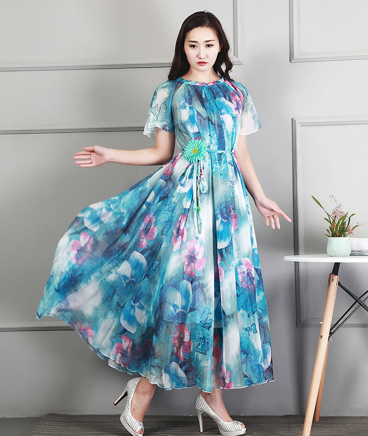 Ladies Fashion Chiffon Short Sleeve Printed Dress