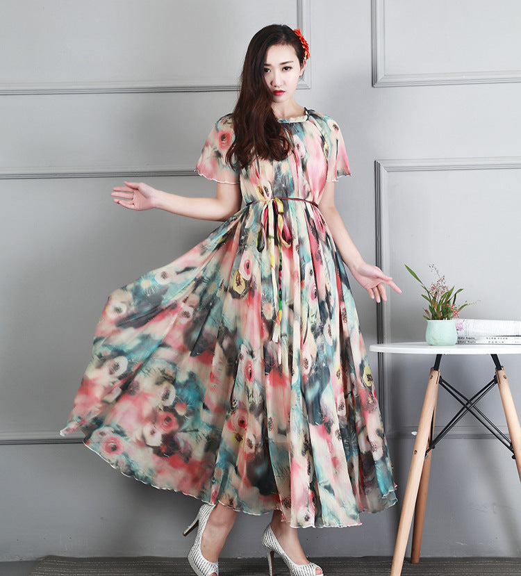 Ladies Fashion Chiffon Short Sleeve Printed Dress