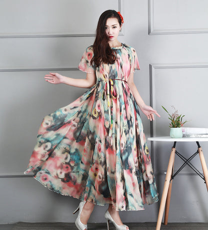 Ladies Fashion Chiffon Short Sleeve Printed Dress