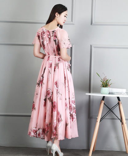 Ladies Fashion Chiffon Short Sleeve Printed Dress