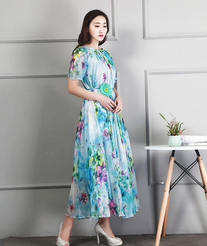 Ladies Fashion Chiffon Short Sleeve Printed Dress