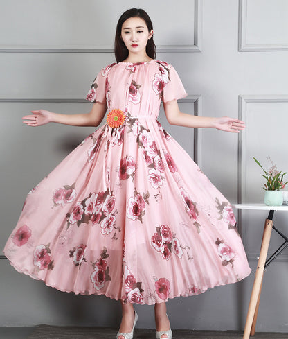 Ladies Fashion Chiffon Short Sleeve Printed Dress