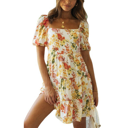 Printed Short Sleeve Split Sweet Chiffon Ladies Dress