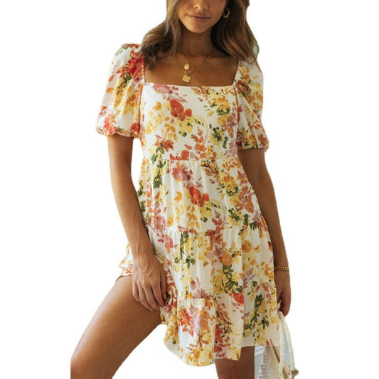Printed Short Sleeve Split Sweet Chiffon Ladies Dress