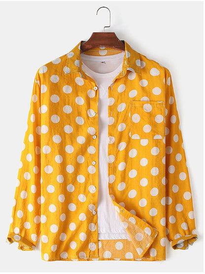 Mens Polka Dot Lapel Everyday Long-Sleeve Shirt Timeless Casual