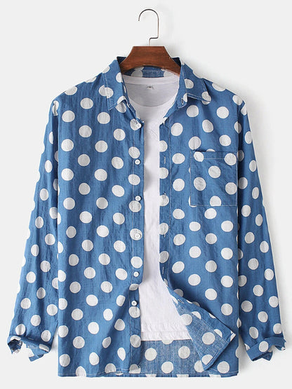 Mens Polka Dot Lapel Everyday Long-Sleeve Shirt Timeless Casual